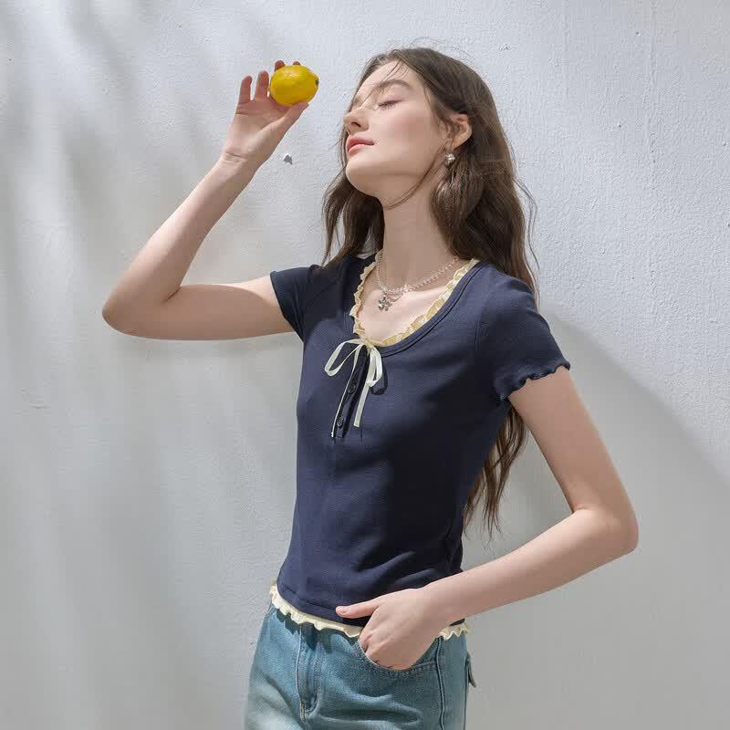 Sancai 2026 Summer Ruffle Trim Tie-Waist Layered Short Sleeve T-Shirt