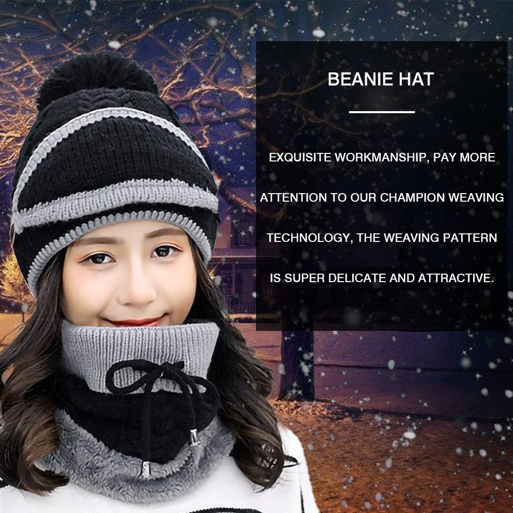 3PCS Women Beanie Hat Pom Bobble Scarf Set Knitted Winter Warm Snow Ski Cap Gift