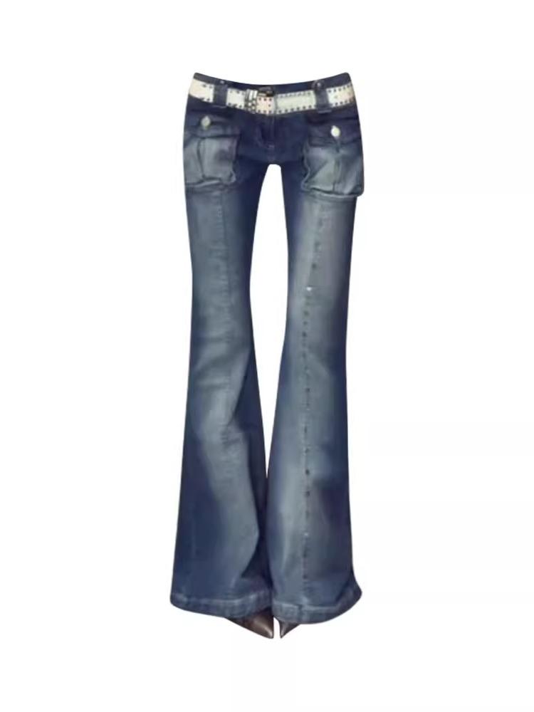 

Plus Size American Spicy Girl Low-Waist Rivet Micro Flare Jeans with 3D Pockets - New Slim Fit Long Women s Pants 2025 M