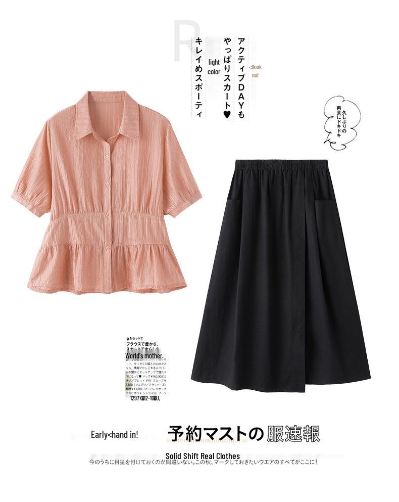 Trendy Summer Skirt Suit: Slimming Two-Piece with Stylish Half-Open Collar for Young Moms