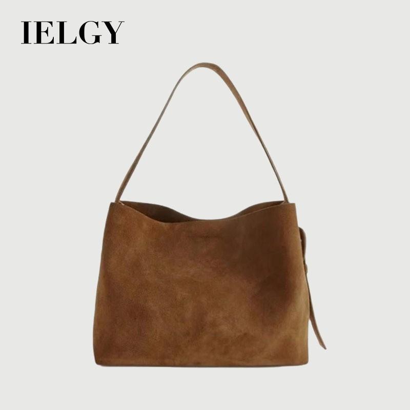 IELGY Ladies Bucket Bag Retro Commuter Large Capacity One Shoulder Brown Suede Underarm Bag