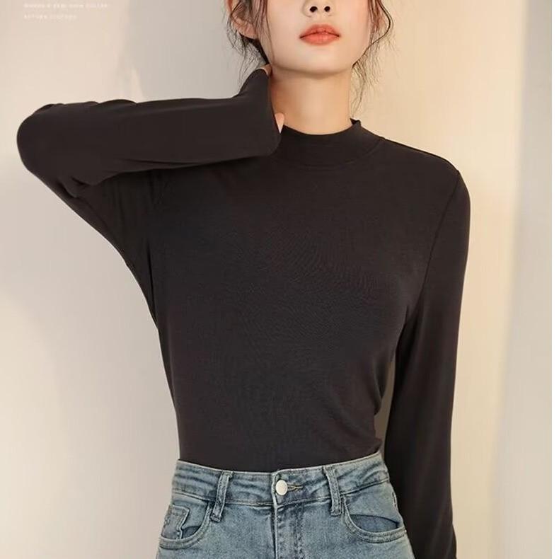 Women's Double-Sided Velvet Slim-Fit Long Sleeve Top - Pure Color, Ideal for Autumn and Winter