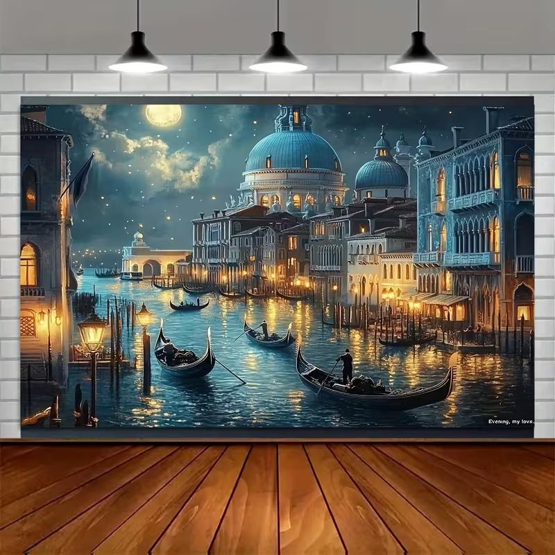 2D Flat Printing Night Venice Canal Backdrop for Italy Vacation Photoshoot