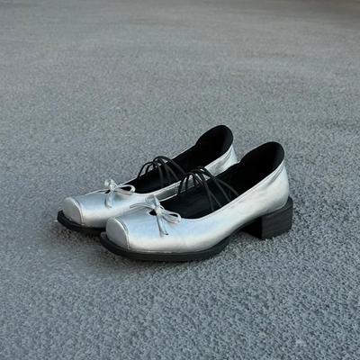 Sheepskin~ Platform Bow Retro High Heels Ballet Shoes Square Head Silver Thick Heel Mary Jane Shoes Women's Single Shoes
