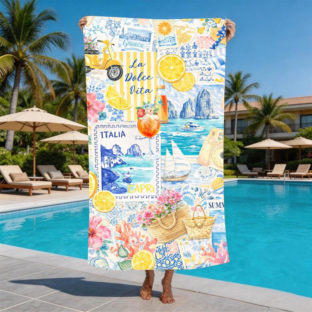 La Dolce Vita Capri Greece Watercolor Collage Beach Towel Soft Washable Seaside Towel For Holiday Swimming