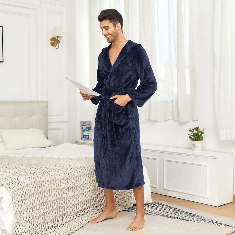 Hooded Robes for Men Full Length Spa Bathrobes Soft House Sleepwear Coat with Hood and Pockets Men's Winter Warm Plush Fleece Robe Hooded Fluffy Robes