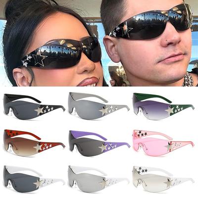 Trendy Women And Men Uv400 Protection Cool Black Sunglasses Wrap Around Sun Glasses Rimless  Sunglasses Stars Decor