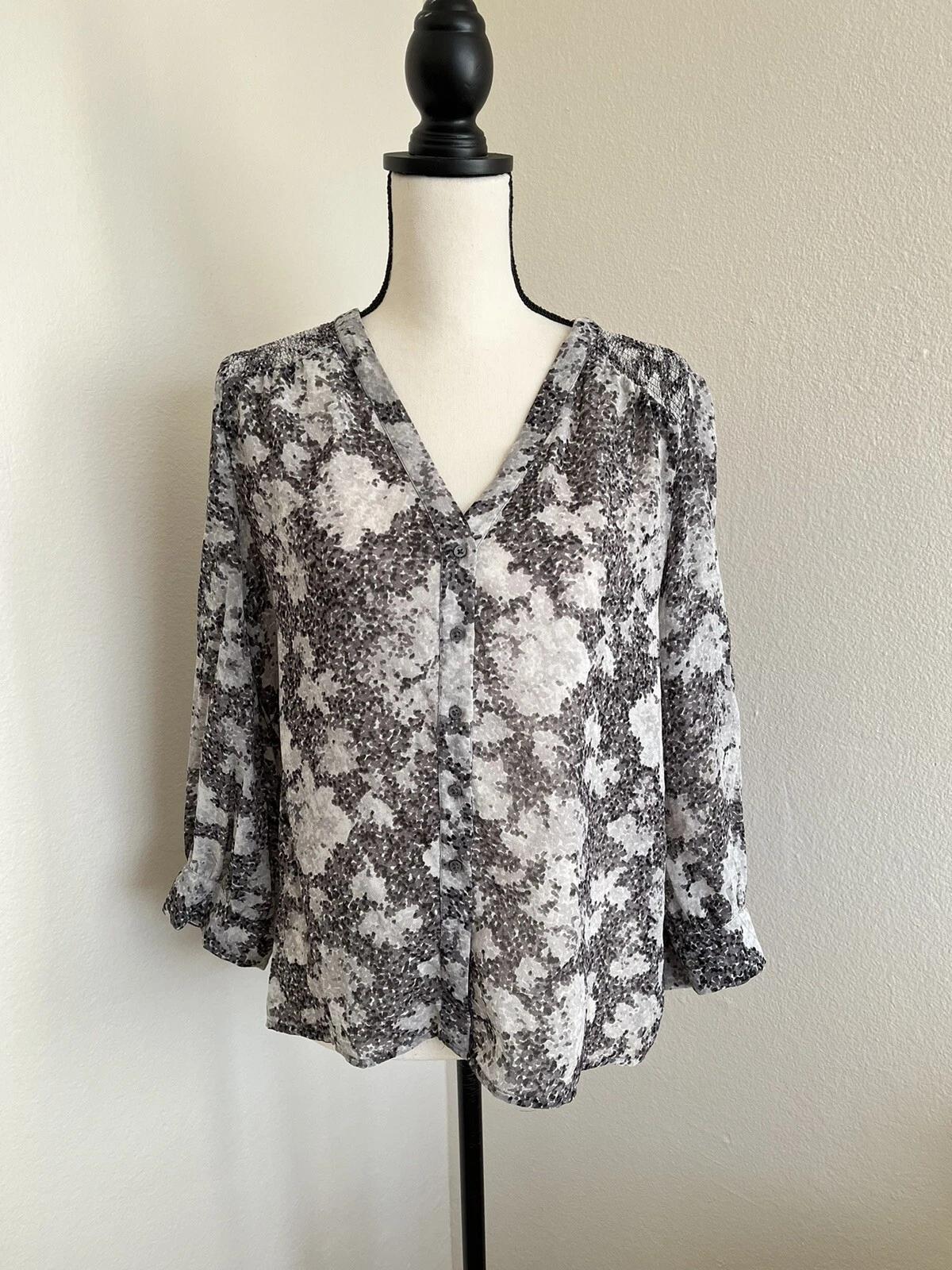 

Joie Medium Silk Blouse Top Womens Gray Floral Animal Print High Low Button Up 2XL