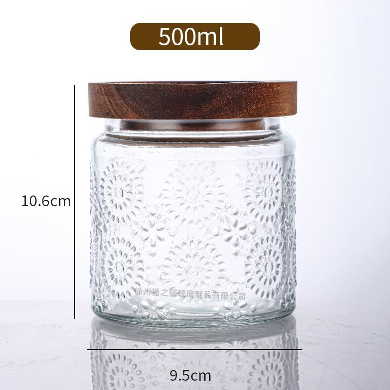 Ancient Peony Flower Relief Transparent Glass Storage Jar for Snacks, Tea Sealed Jar, Kitchen Storage Glass Bottle