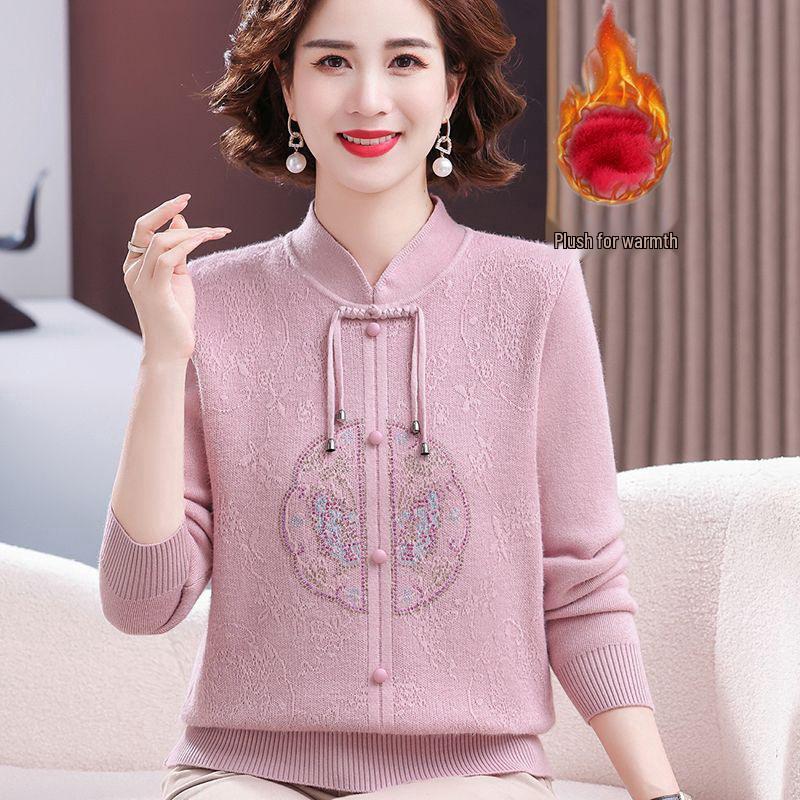 2024 Elegant Velvet Sweater for Women 50+, Chinese Style, Warm and Thick Base Layer for Mother's Wear.