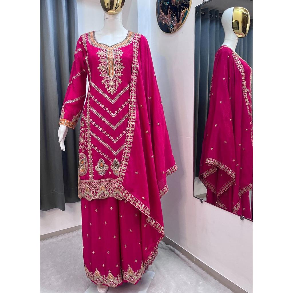 Pure Chinon Silk Pakistani Palazzo Suit Indian Bollywood Designer Salwar Kameez