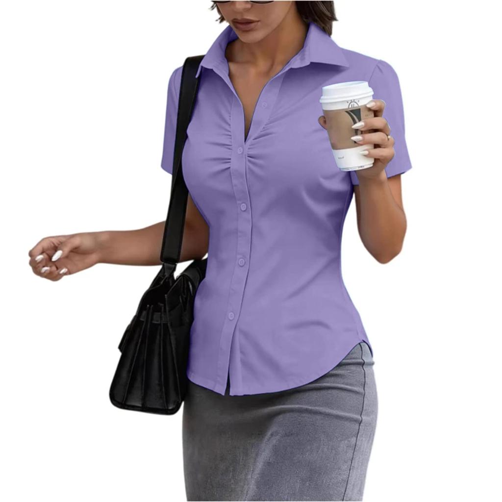 Women's Short Sleeve Button Down Shirt Slim Fit Collared Blouse Office Workwear Casual Top with Ruched Front Design