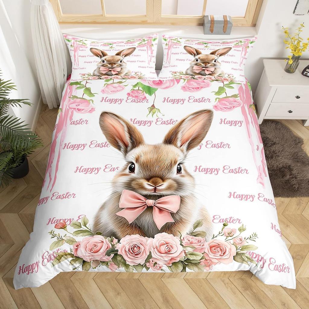 Easter Rose Rabbit Duvet Cover Cute Bunny Happy Easter Bedding Set Full for Kids Boys GirlsRustic Flower Animal Comforter Cover