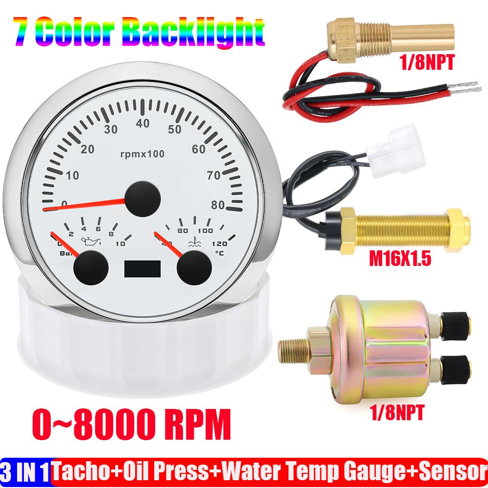 ZMFJH 3000~8000RPM 85MM Tachometer+Oil Pressure+Water Temp Gauge with Sensor 7 Color Light MultiMeter 0~10Bar for Car Boat 9-32V