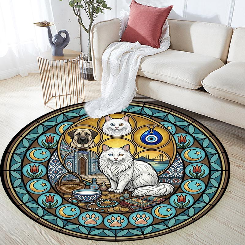Feline Mandala Round Area Rug Under Office Chairs Bedroom Living Room Home Decor