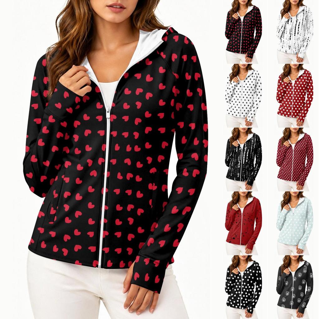 Women Lightweight Zip Up Hooded Jacket with Pockets Long Sleeve Sun Protection Printed Outerwear