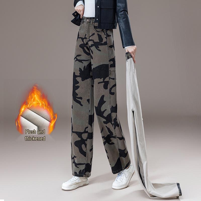 Women s 2026 Camouflage High-Waisted Loose Wide-Leg Denim Pants for Spring/Autumn 4XL