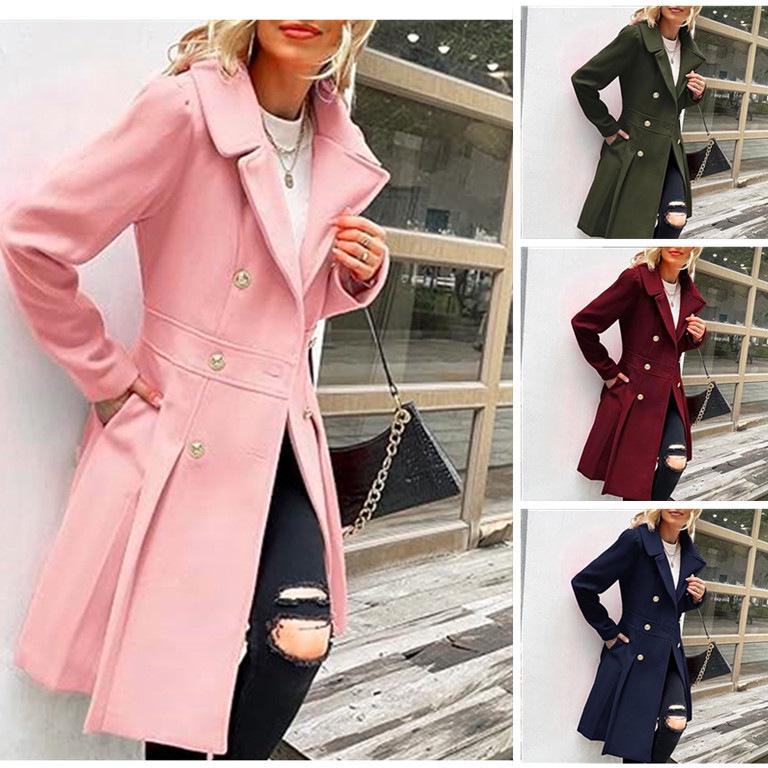 In Stock: New European/American Plus Size Women's Double-Breasted Long Wool Coat (Autumn/Winter Collection)