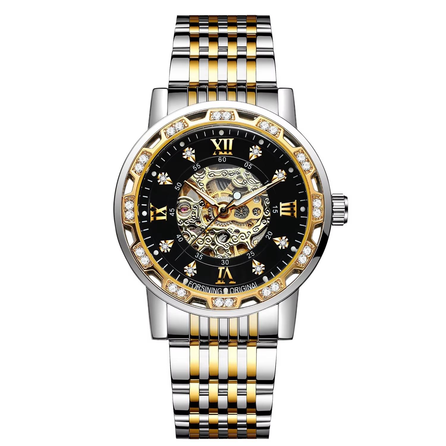 

Forsining 614A Бренд Роскошные Бизнес Спортивные Механические Наручные Часы Мужские Часы Автоматические Нержавеющая Сталь Водонепроницаемые Часы Мужские золотой/чёрный