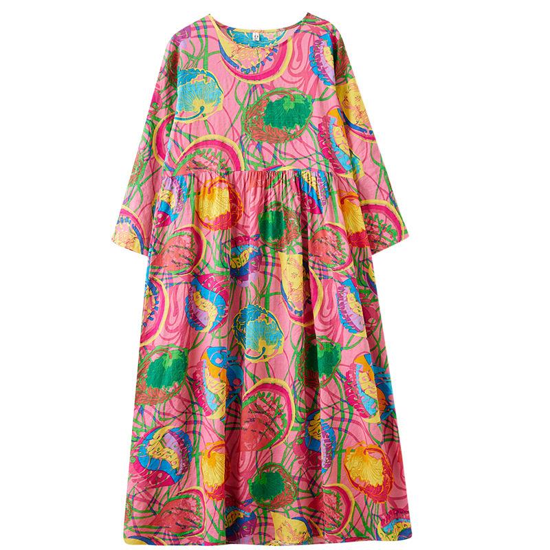 Rochie de vară cu mâneci lungi, stil floral de vacanță, stil de călătorie, guler rotund, casual, retro, cu acoperire de carne, pentru femei