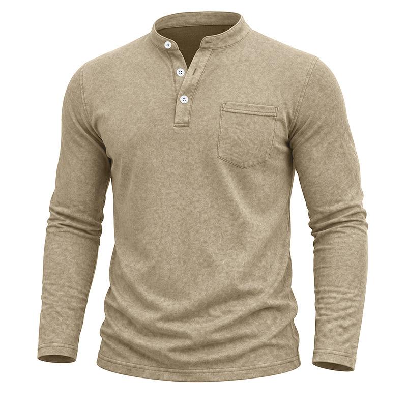 Men S Vintage Washed Long Sleeve Stand Collar Henley Shirt