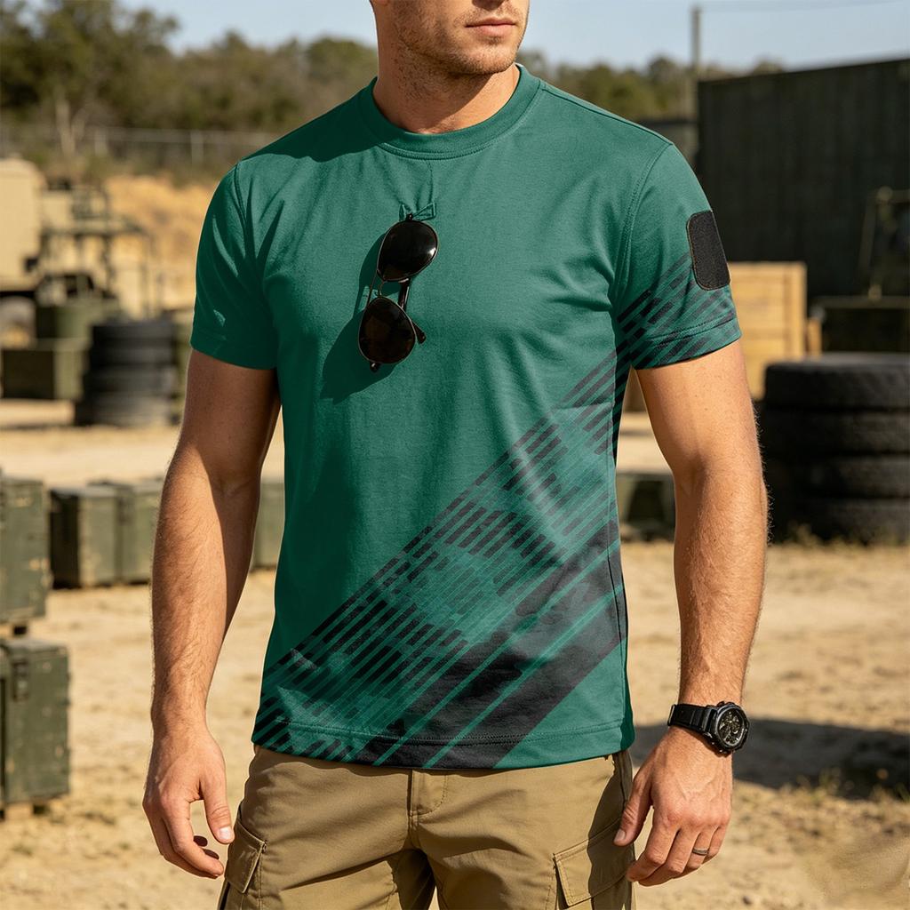 Men's Tactical Outdoor Quick Dry T Shirt Loose Fit Round Neck Breathable Short Sleeve Camouflage Print with Hook and Loop Patch Area