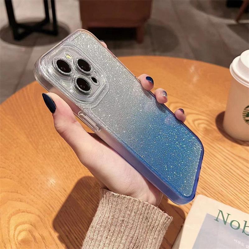 Luxury Gradient Color Glitter Paper 2-in-1 Case for iPhone 15 Pro Max 14 13 12 Pro 11 Full Cover with Glitter Lens Film Cover