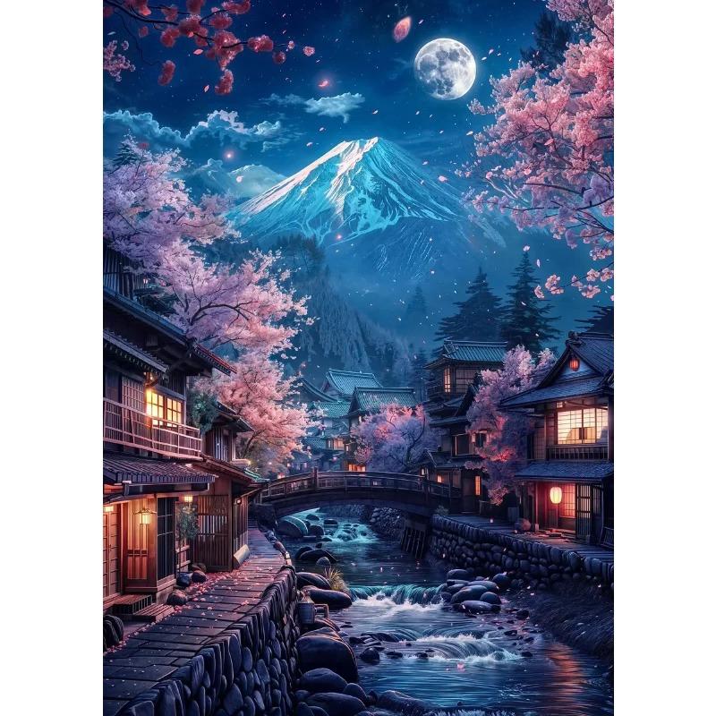 Pink City Asian Travel Japanese Cherry Blossoms At Mount Fuji Poster Light Prints Canvas Painting Wall Pictures Home Room Decor