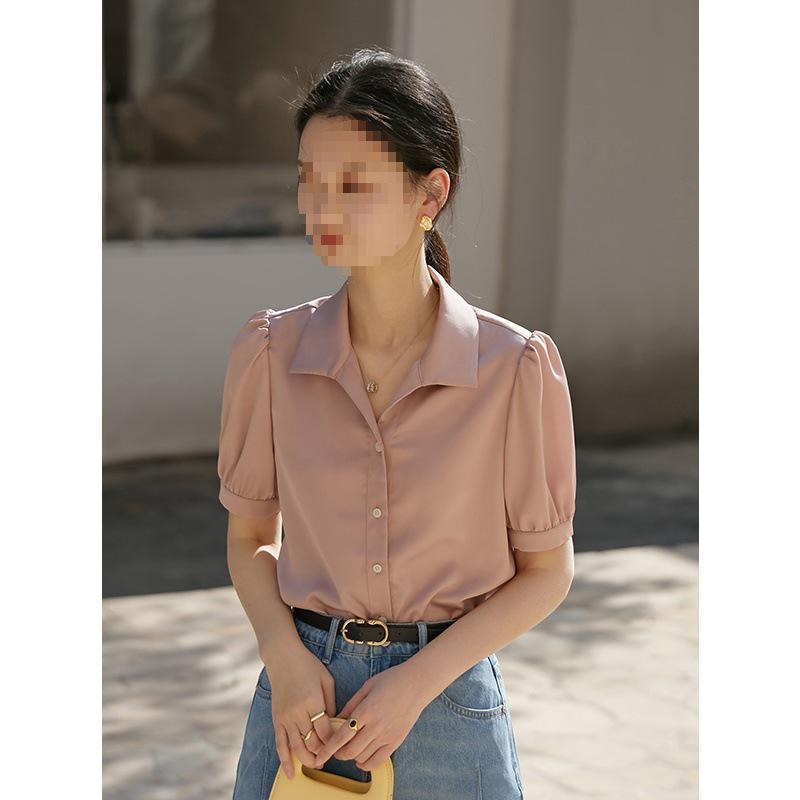 Petite High-Grade Satin Chiffon Short-Sleeve White Shirt for Women - Early Autumn Commuting Interview Top