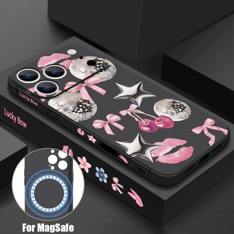 For iPhone 17 Pro Max Case Cherry Bowknots Lips Disco Ball Magnetic For Magsafe Silicone Cover For iPhone 16 Pro Max Funda iPhone 15 14 13 12 11 16E