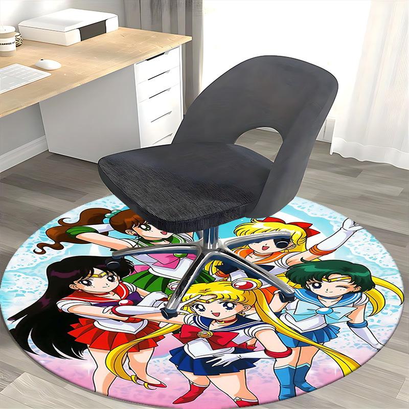 1 Stück Sailor Moon Anime Runder Teppich Bürostuhlmatte, Rutschfeste Matte für Heimdekoration, Wohnzimmer, Schlafzimmer, Spielzimmer