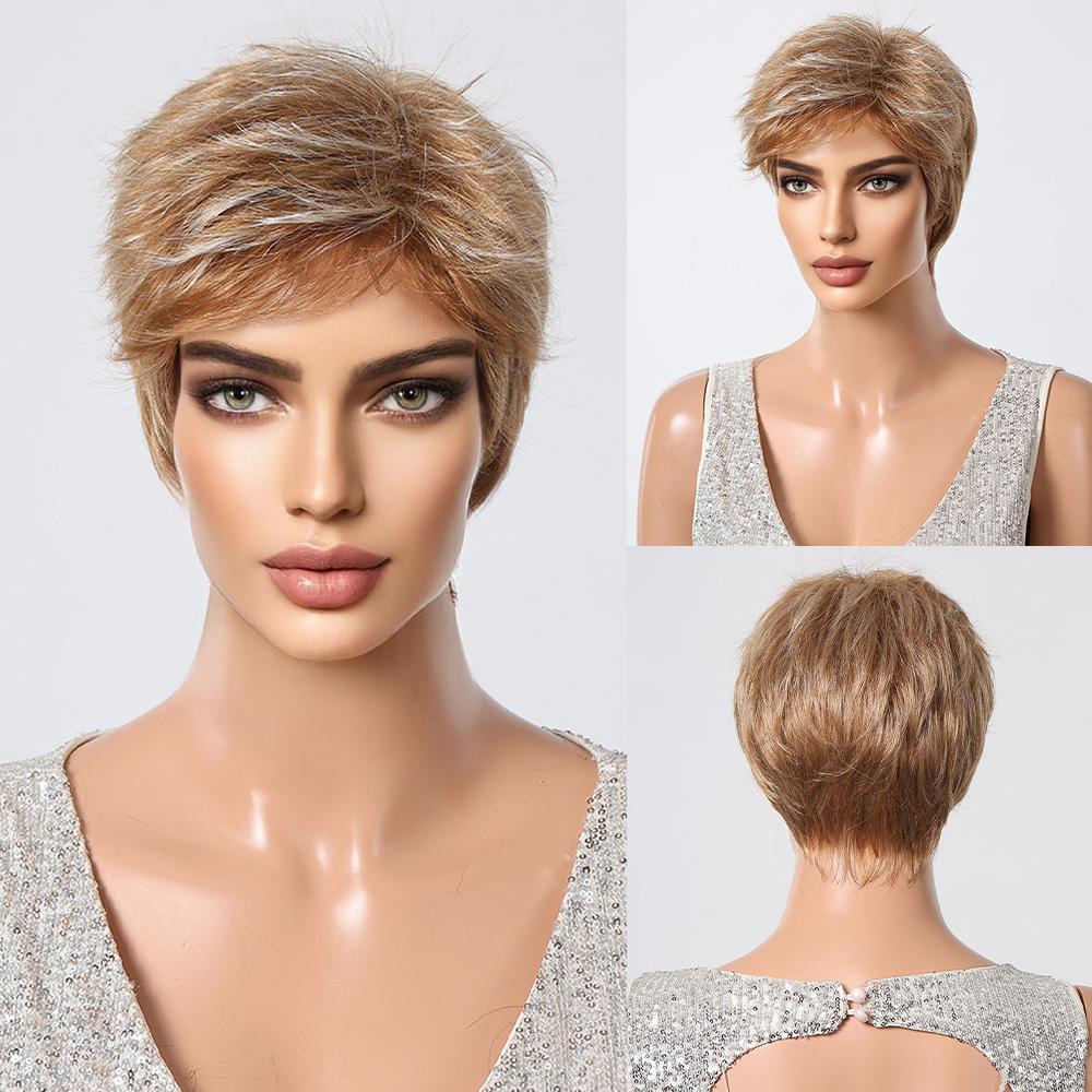 ALAN EATON Schwarzbraune synthetische Perücken mit Highlights, kurze gerade Perücken für Frauen, natürliches Haar, hitzebeständige Perücken mit Pony