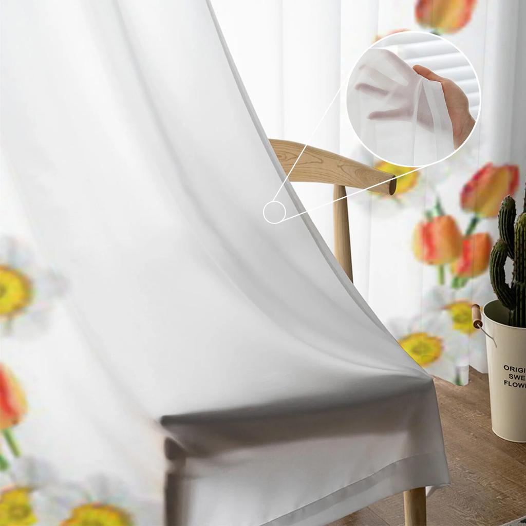 Tulip Daisy Flowers Tulle Curtain For Living Room Sheer Valance Curtain For Kitchen Bedroom Window Drapes