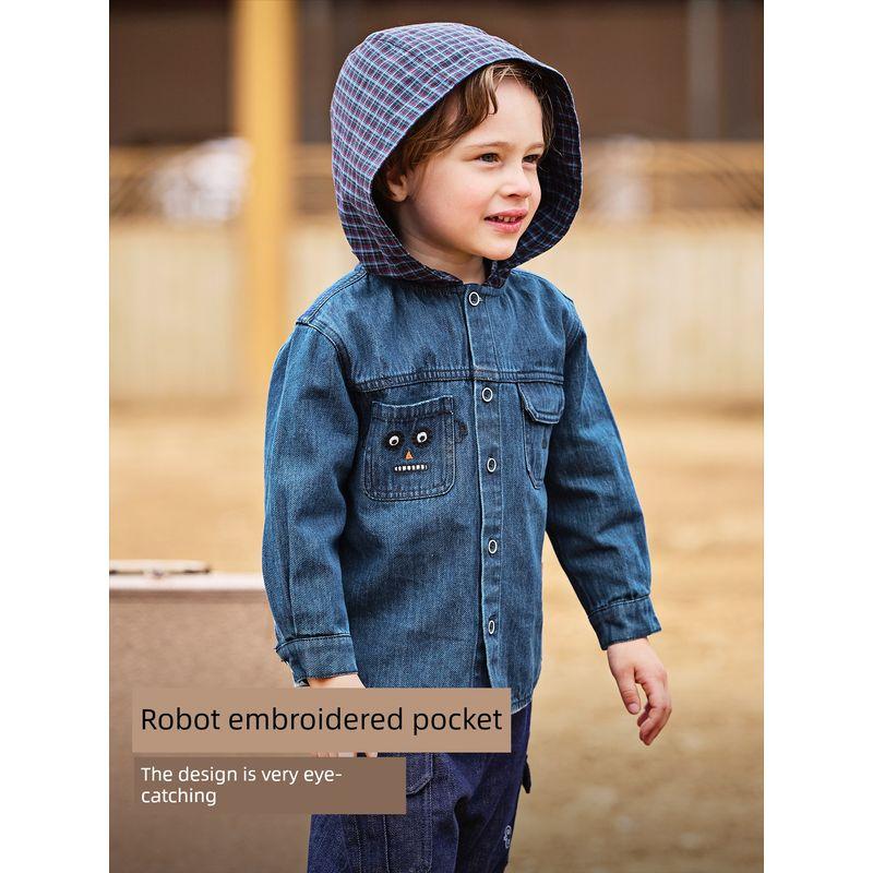 David Bella Boys' Shirt Kidsren's Pure Cotton Hooded Shirt 2026 Spring New Style Baby Denim Jacket Top