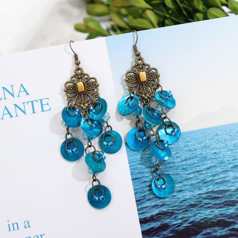 Bohemian Vintage Gorgeous Shell Earrings Long Tassel Versatile Vacation Femininity Court Earrings Ear Accessories