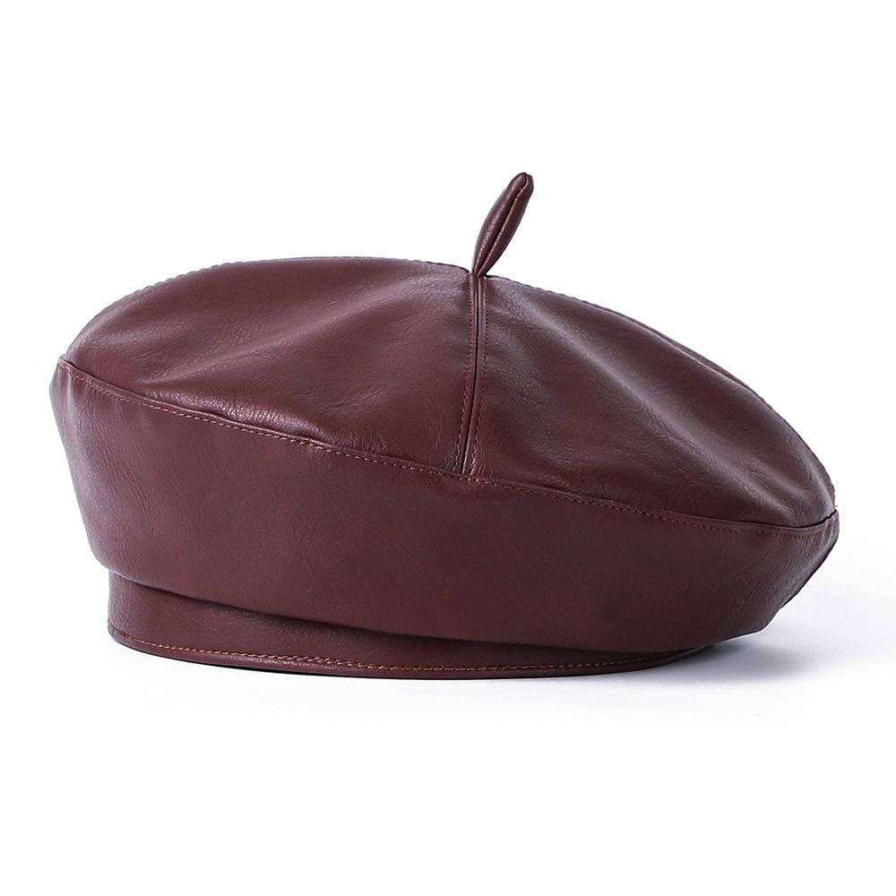 

Winter Hats Woman Beret Pu Leather French Berets Woman Autumn Winter Vintage Beanies Solid Color New 56-58cm коричневий