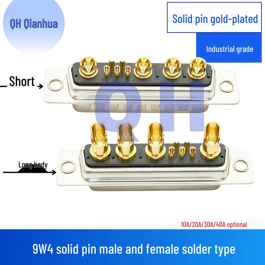 Gold-Plated 9W4 Male/Female Solid Pin High Current D-Sub Connector, Solder Type Plug