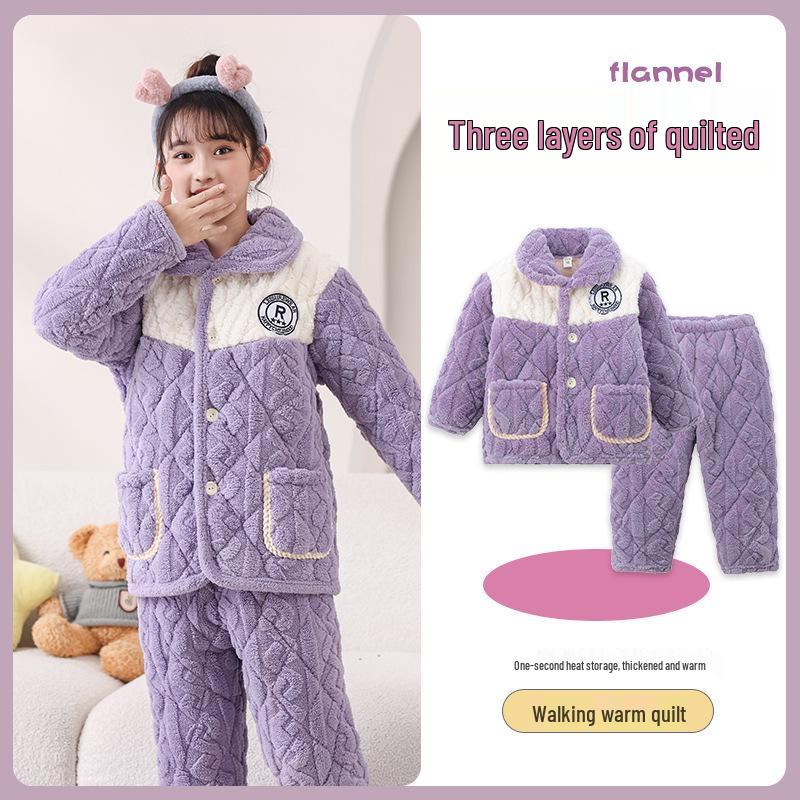 Winter Kids' Flannel Pajamas: Boys & Girls Coral Fleece, Velvet-Lined, Three-Layer Quilted Parent-Child Sleepwear