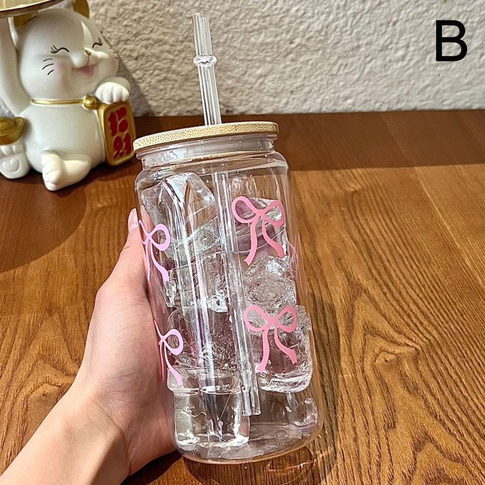 Transparent Glass Tumbler Pink Bow Flower Sticker Drink Juice Cup Suitable For Hot And Cold Drinks Bow Tie Plastic Straw Cup