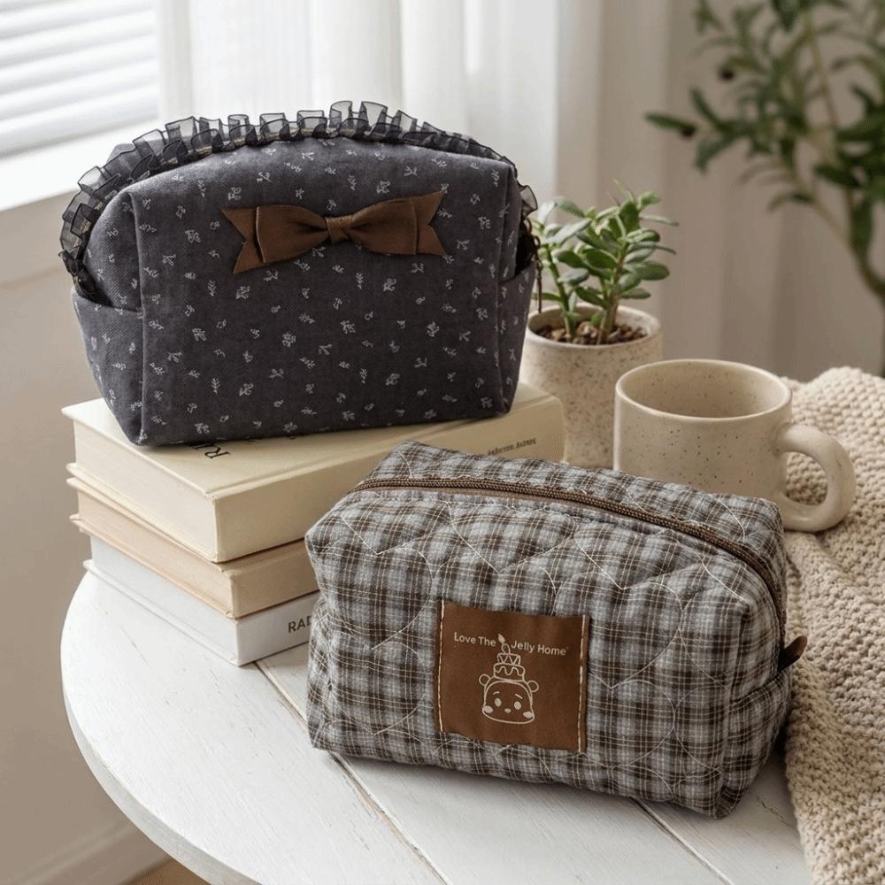 Plaid Lace Trim Makeup Bag Large Capacity Pencil Case Chic Cosmetic Storage Bag  Home