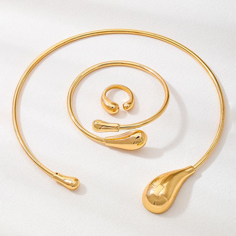 DIEZI 3pcs/set Vintage Torque Necklaces Bangles Rings Set For Women Punk Geometric Gold Silver Color Metal Hip Hop Jewelry Set