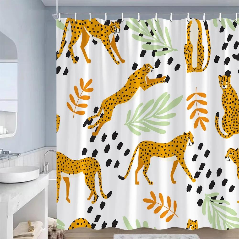 Mid Century Shower Curtains Tropical Plant Leopard Sun Palm Trees Art Polyester Fabric Bathroom Curtain Decor Hooks Modern Made Of Window Treatment