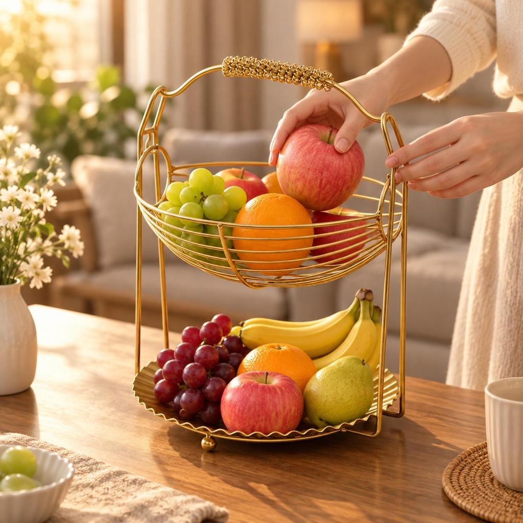 Two-Tier Fruit and Snack Basket Modern Kitchen Counter Organizer Wipe-Clean