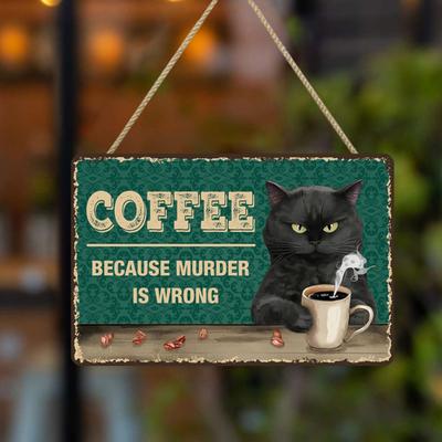 Retro Cat Coffee Wall Sign Funny Black Cat Wall Art Poster Vintage Wood Hanging Sign for Kitchen Coffee Bar Home Decor