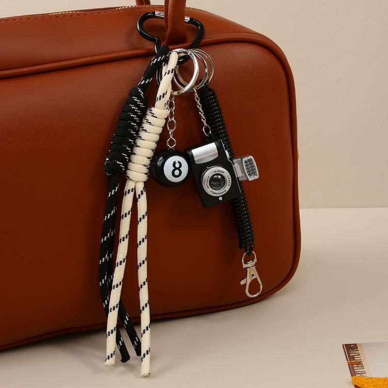 Cute Bag Pendant Keychain With Mini Camera 8 Ball Pendant Braided Strap For Handbags Backpacks Keys Decor
