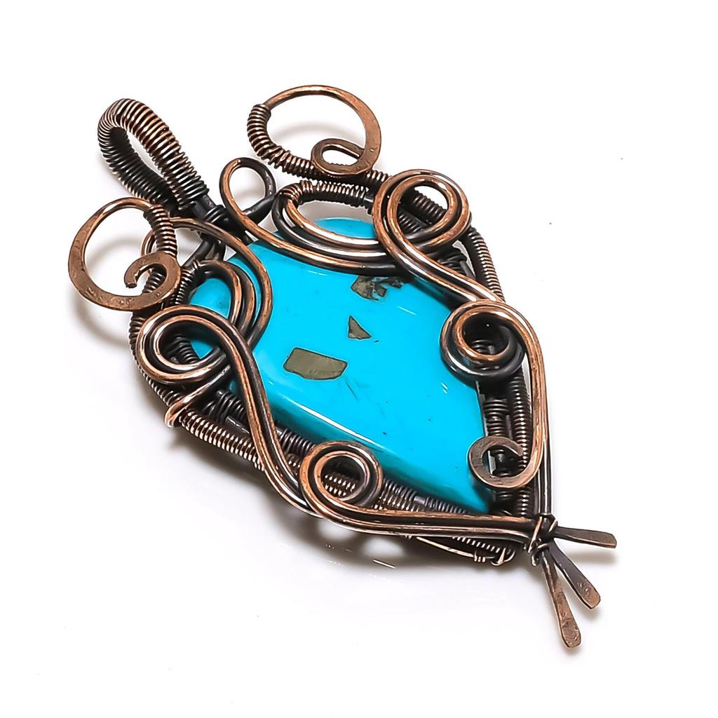 Turquoise 999 Copper Wire Wrapped Pendant, Handmade Gemstone Jewelry Pendant For Memorial Day