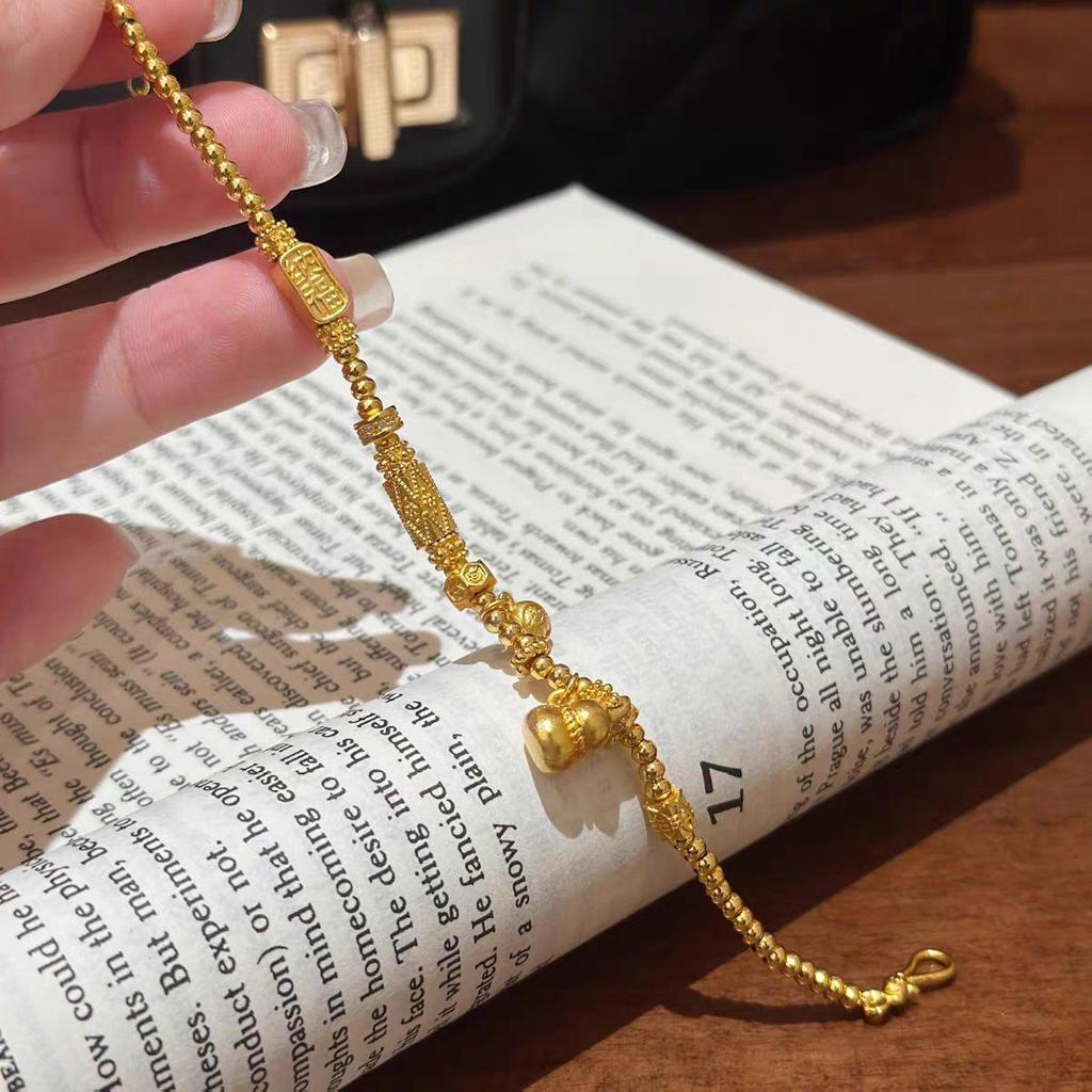 Women's Sand Gold Gourd Charm Beaded Bracelet - New Chinese Style, Retro National Design, Long-Lasting Color Retention