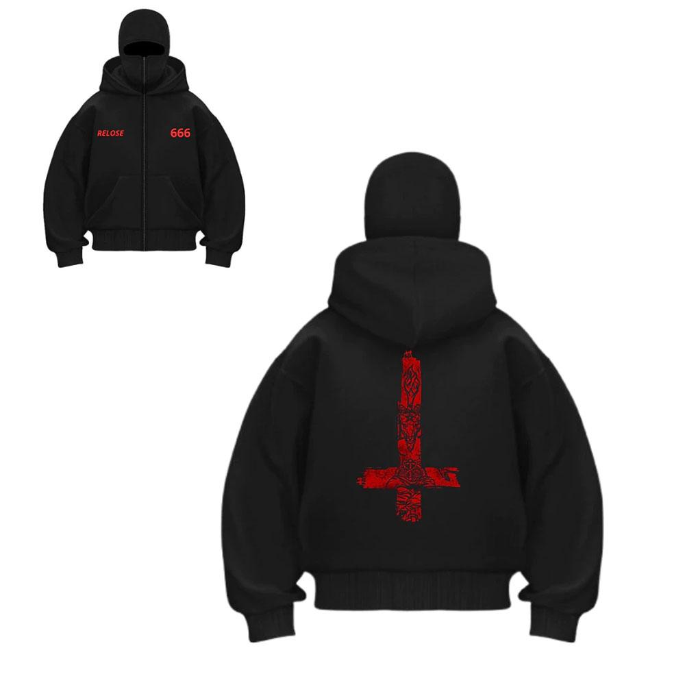 Men's Cool Skull Pattern Hoodie Fashionable Casual Retro Street Style Cool Double Hat Zipper Jacket Horror Style Top