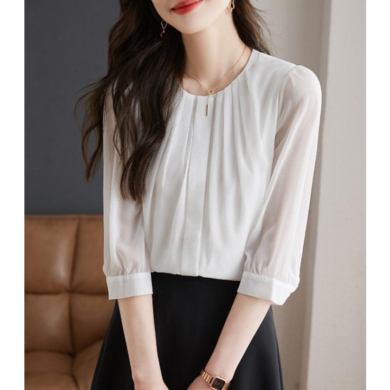 Women Fashion Solid Color Round Neck Three Quarter Sleeve Casual Commute Shirt