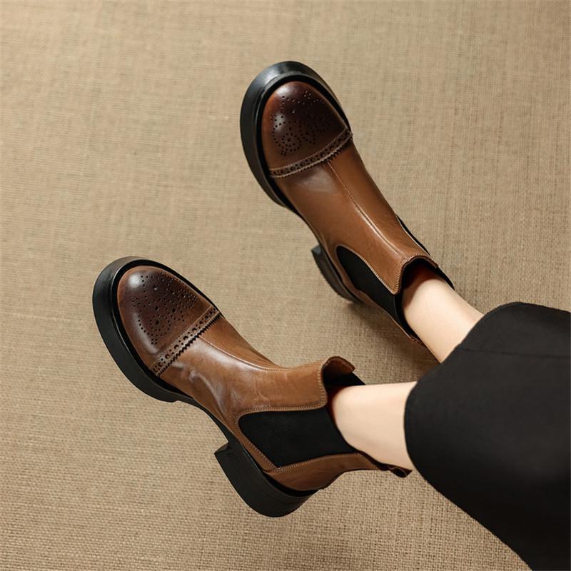 Fashion New Autumn/winter Genuine Leather Women Boot Round Toe Shoes for Women Fashion Brogue Designs Chelsea Boots Mid Heel Short Boots